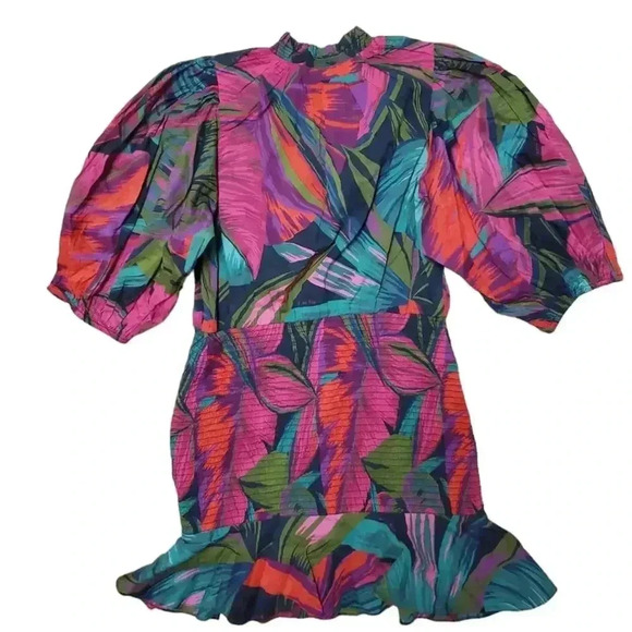 FARM RIOMidnight Leaves Puff Sleeve Mini Dress Size M - Picture 6 of 10